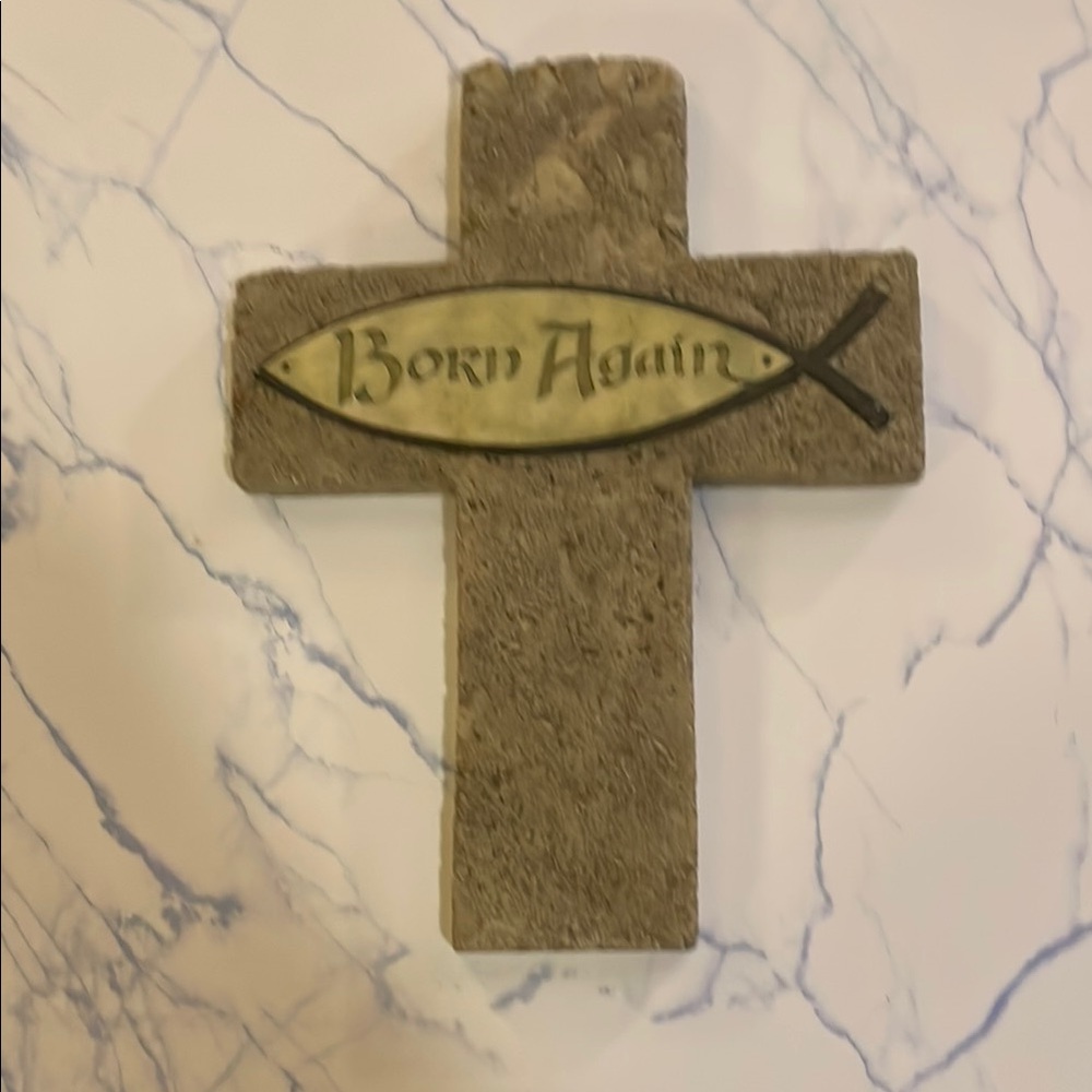Faux Look Stone Cross Wall Decor with 'Born Again' Inscription